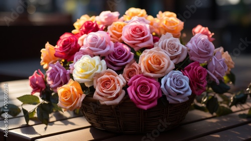 Vibrant Basket of Multicolored Roses: A Captivating Burst of Color Amidst a Lively Crowd