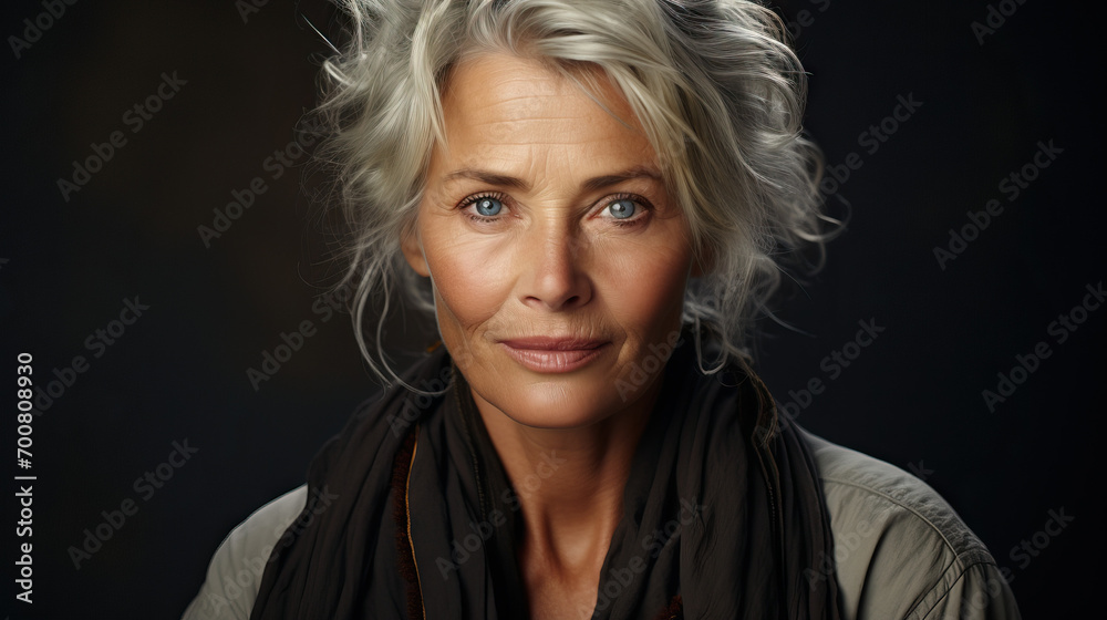 Studio Portrait of an Exquisitely Beautiful Senior Woman, Graced with Grey Hair and Mesmerizing Blue Eyes
