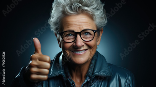 Radiant Approval: Studio Portrait of a Senior Woman with a Heartwarming Smile and Thumbs Up, Embracing Positivity and Confidence