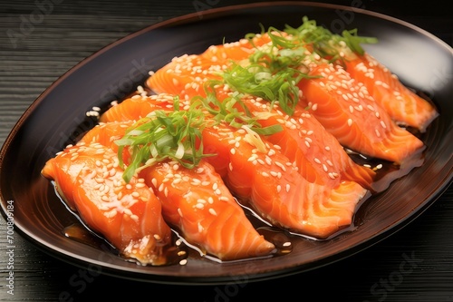 fresh salmon raw pickled in shoyu sauce or soy sauce