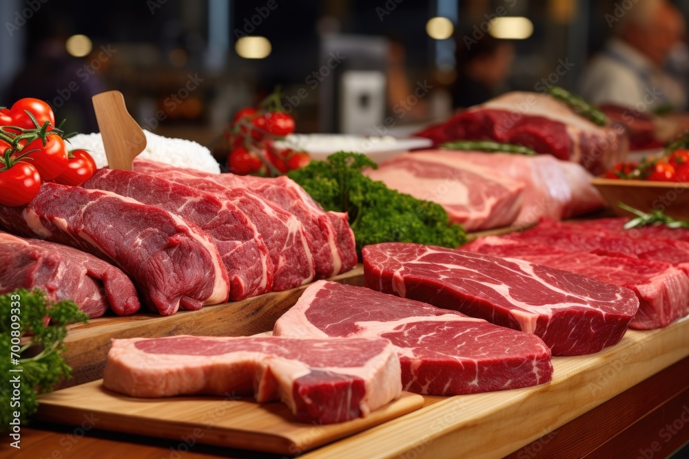 Fresh quality meat showcased at a butcher's shop Fresh quality meat showcased at a butcher's shop