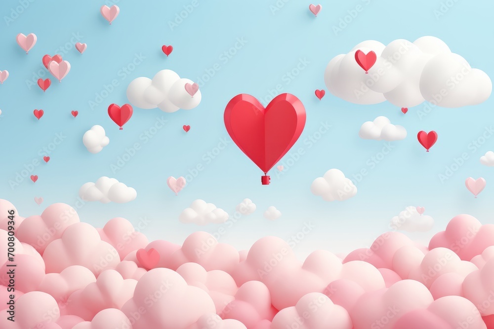 Whimsical Love: Floating Heart-Shaped Balloons in a Dreamy Sky - A Perfect Blend of Minimalist Elegance and 3D Detail