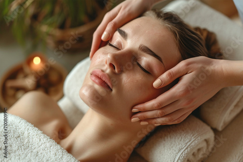 young beautiful woman enjoying a massage from a cosmetologist. hands of a cosmetologist doing a facial massage 