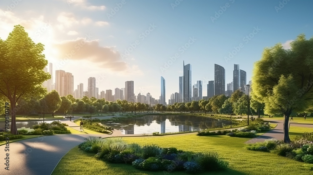 Golden Hour Serenity: Nature's Dance with the Urban Skyline in a Captivating City Park Golden Hour Serenity: Nature's Dance with the Urban Skyline in a Captivating City Park