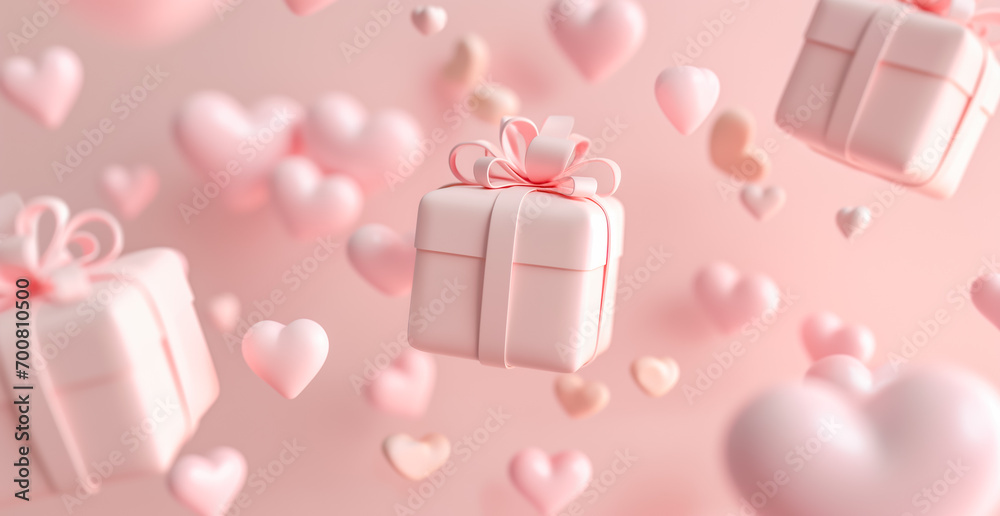 Pink flying gift boxes and hearts, Valentines day and birthday celebrate background. Giveaway, sale or win, birthday celebration concept.