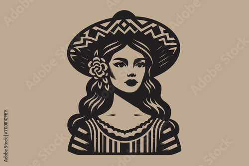 Portrait of a beautiful Mexican woman in traditional dress. Simple black vector illustration photo