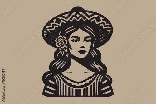 Portrait of a beautiful Mexican woman in traditional dress. Simple black vector illustration