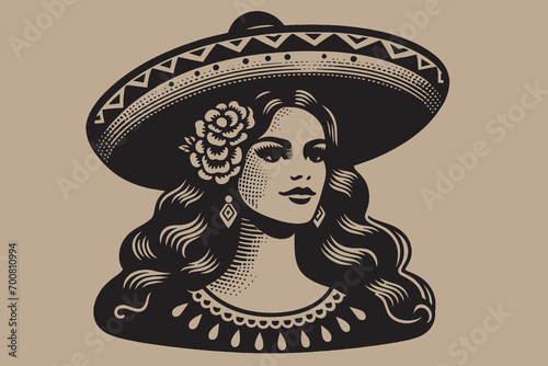 Portrait of a beautiful Mexican woman in traditional dress. Simple black vector illustration