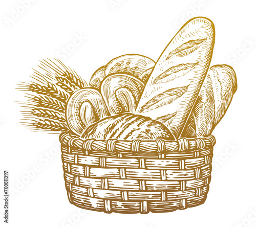 Fresh Baked goods, sketch vintage vector illustration. Breads and ears of wheat in basket