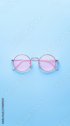 Vertical banner Summer pink glasses on a blue background, top view.Romantic and cute design, Valentine's day, retro, romance. Place for text