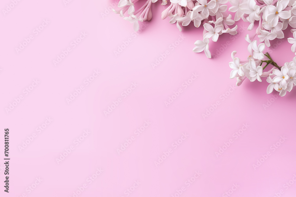 Banner with a frame of flowers on a pink background. Spring composition with copyspace. Design for Women's Day, Easter and Valentine's Day