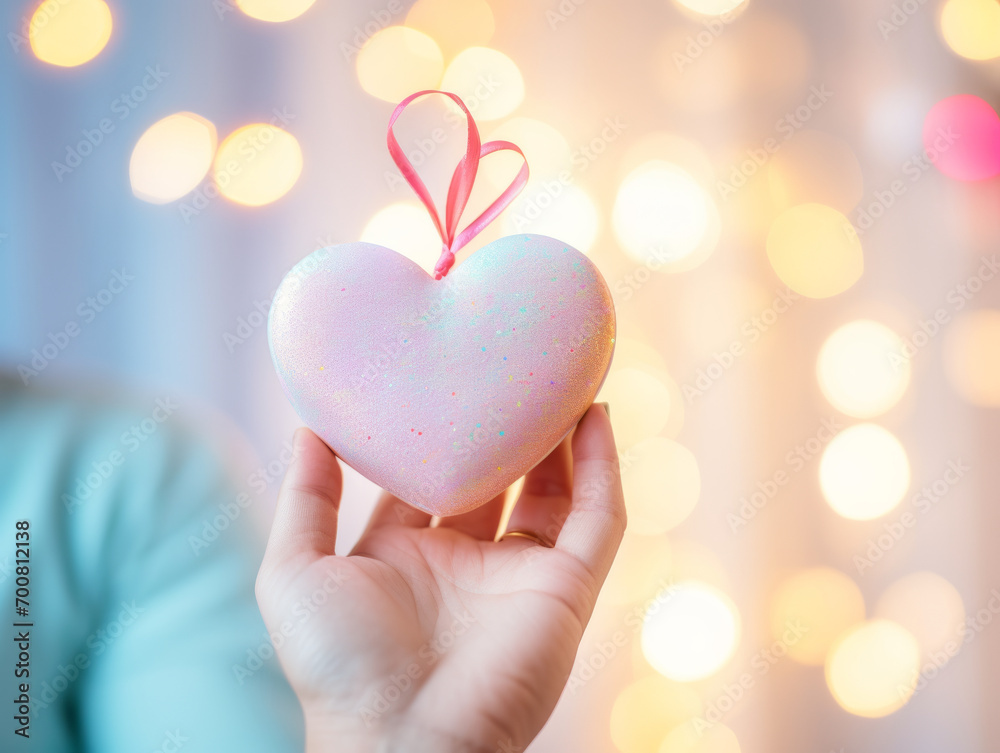 Woman is holding a heart shaped Christmas biscuit in her hand. Festive love concept Woman is holding a heart shaped Christmas biscuit in her hand. Festive love concept