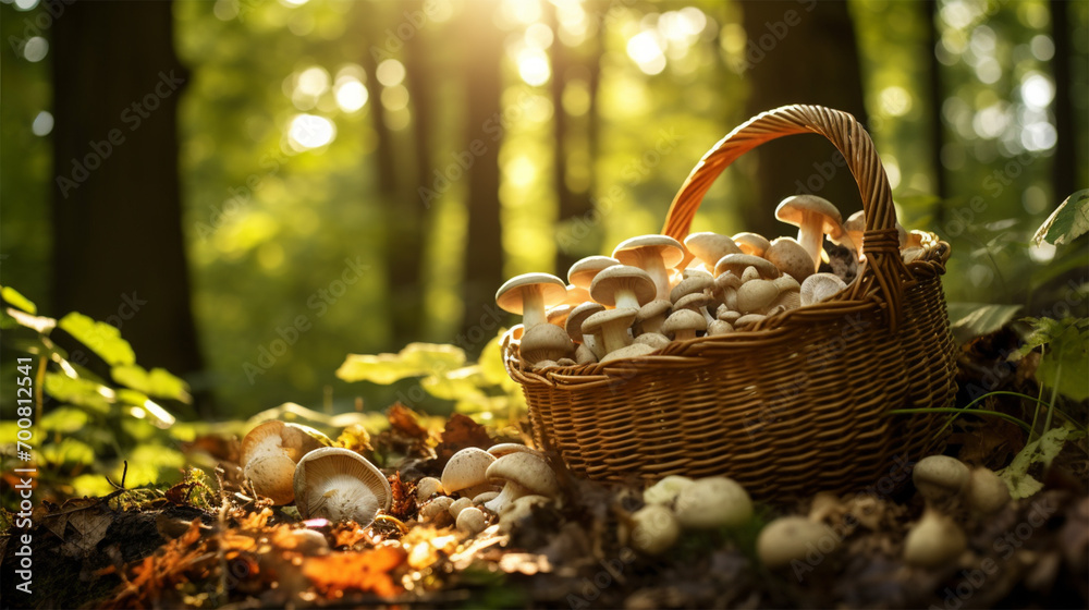 basket full of mushrooms in nature. Edible forest mushroom growing in moss in the forest in sunlight close-up. basket full of mushrooms in nature. Edible forest mushroom growing in moss in the forest in sunlight close-up.
