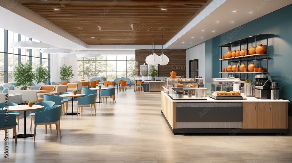 Revitalizing Workspaces: Inspiring Office Cafeteria with Modern Decor, Versatile Seating, and Nourishing Food Station
