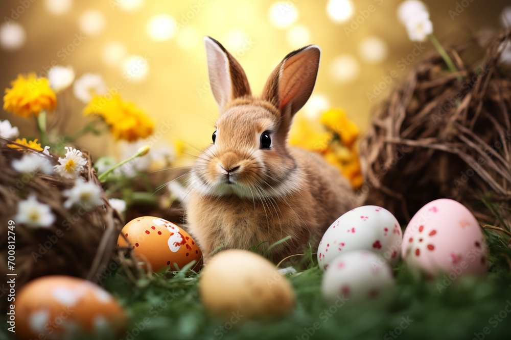 Easter eggs and rabbit with flowers on green grass background. Easter card and background for social media. Generative AI