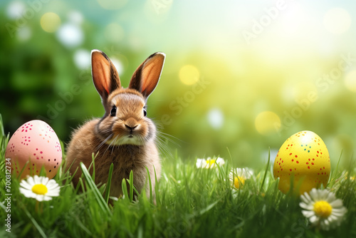 Easter eggs and rabbit with flowers on green grass background. Easter card and background for social media. Generative AI © Viktoriia