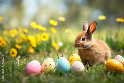 Easter eggs and rabbit with flowers on green grass background. Easter card and background for social media. Generative AI