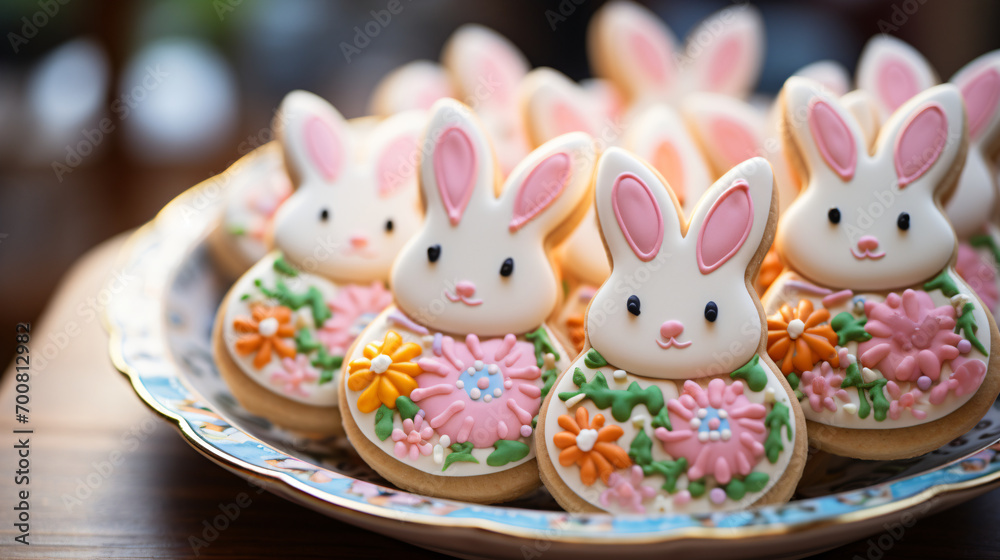 Bunny cookies adorned with colorful icing flowers rest on an ornate plate.
