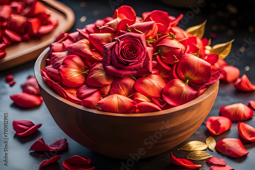 Closeup of red roses flowers petals in a bowl. Top view, Natural fresh Red rose flower petals background.Valentines week special illustration idea.