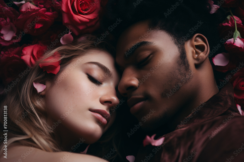 Cute affectionate interracial couple with rose flowrs Cute affectionate interracial couple with rose flowrs