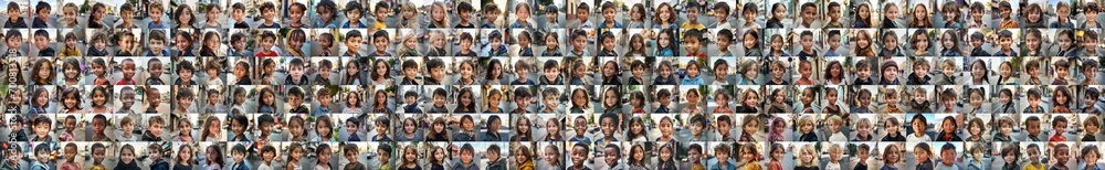 composite portrait of children of different cultures headshots, including all ethnic, racial, and geographic types of children in the world outside a city street - obrazy, fototapety, plakaty 