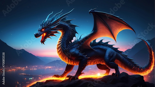 Colorful dragon art illustration on dark fantasy background, Vibrant Neon Dragon © Anisgott