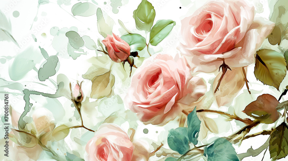 Painting with delicate pink roses, pastel colors, watercolor painting, elegant look.