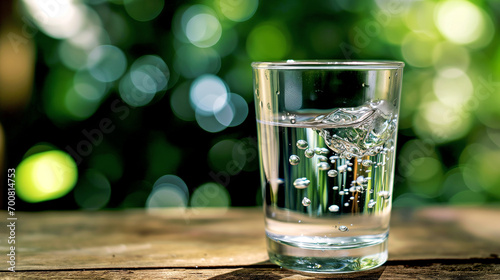 Glass of clean water on blurred green background.