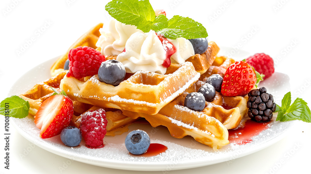 Traditional Belgian waffles with fresh raspberries and blueberries, topped with sweet syrup. Traditional Belgian waffles with fresh raspberries and blueberries, topped with sweet syrup.