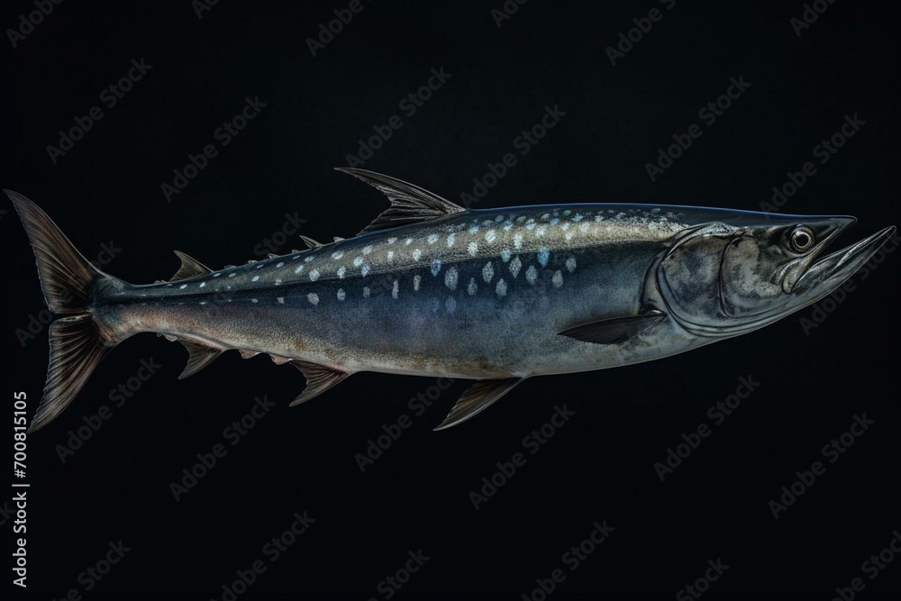 Illustration of a large, dark-blue Spanish mackerel wahoo fish on a background. Realistic. Generative AI - obrazy, fototapety, plakaty 