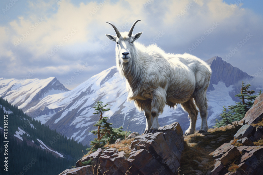 Fototapeta premium Mountain Goat standing in a mountain landscape. Animal side portrait.