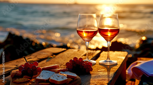 Two glasses of wine and grapes stand on a wooden table outdoors by the ocean at sunset.