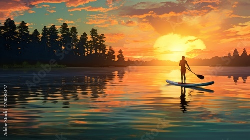 Sunrise Serenity: Captivating Silhouette of a Paddleboarder Embracing Tranquility on a Reflective Lake