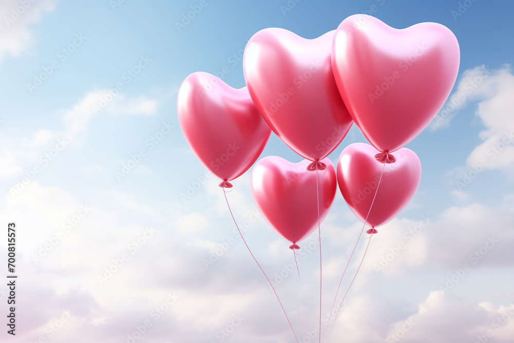 pink heart shaped balloons in sky, love, valentines day, partner, girlfriend, surprise, a few clouds, sunny day, floating shiny balloons inflated with helium at the end of a wire