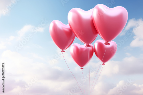 pink heart shaped balloons in sky, love, valentines day, partner, girlfriend, surprise, a few clouds, sunny day, floating shiny balloons inflated with helium at the end of a wire photo