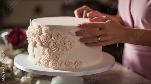 Elegant Artistry: Masterful Hands Creating Exquisite Wedding Cake Decorations