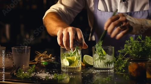 Artistry in Motion: Mixologist's Hands Masterfully Craft a Vibrant Cocktail with Fresh Herbs and Spices photo