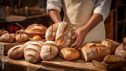 Artisan Bread Heaven: Expertly Arranged Hands Craft a Bakery Display Masterpiece
