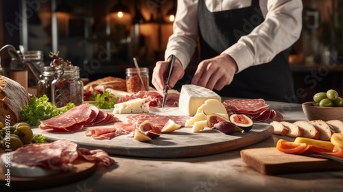 Savor the Artistry  Masterful Chef s Hands Create a Delectable Cheese and Charcuterie Symphony in a Gastronomic Haven