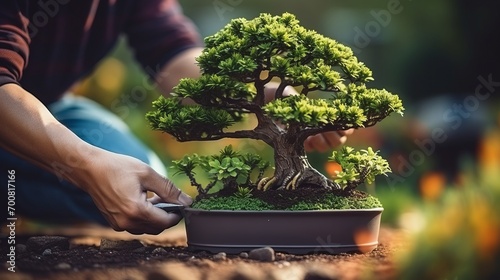 Zen in Motion: Masterful Gardener Nurtures Serenity with Pruned Bonsai Tree in Tranquil Garden photo