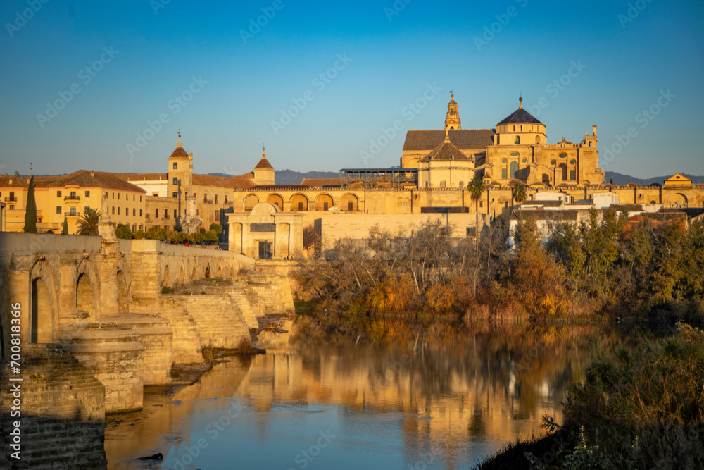 View of the Roman bridge over the Guadalquivir river and the mosque and cathedral of Cordoba, Andalusia, Spain in the background