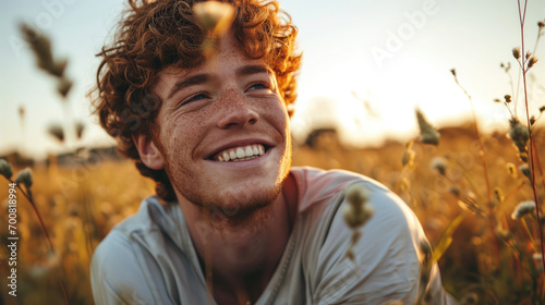 young man with red hair an freckles sitting in a field photo