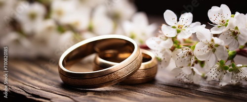 Stylish wedding rings, flowers on wooden table background. Letters from the bride and groom, on romantic background. Elegant Golden Wedding Bands with Intricate Design