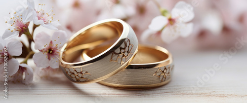 Golden wedding rings close-up lie on top of each other on silk fabric, wedding rings on a bouquet of flowers and petals.