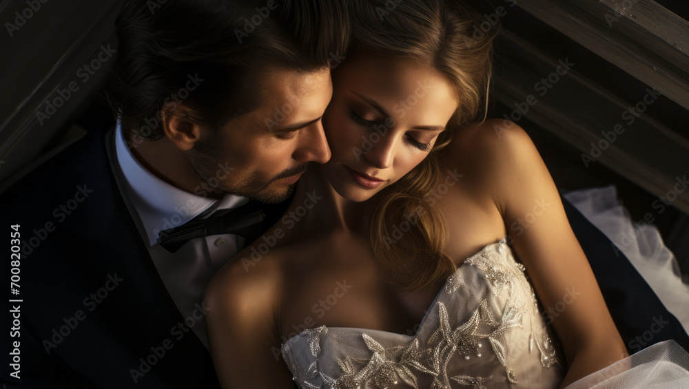 Bride and groom on top of stairs kissing, with romantic emotion, Wedding Impressions, Happy bride and groom on their wedding day.