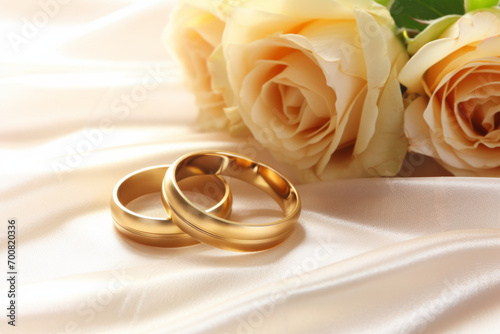 Gold and silver wedding ring on silver background, luxury wedding rings, wedding background concept. Wedding rings on wooden table. Pair of Gold rings detail.