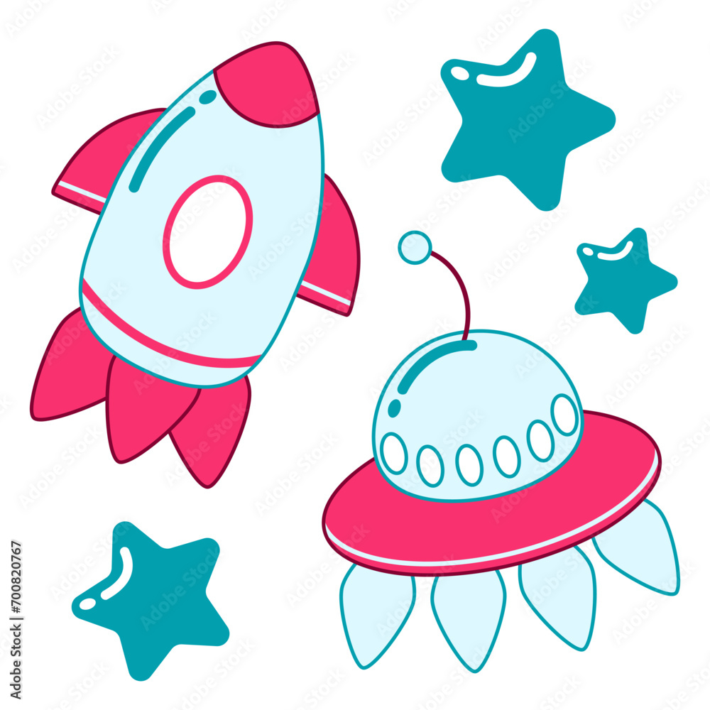 Fototapeta premium Set of space elements. Two spaceships and three stars on a white background. Cartoon vector illustration.