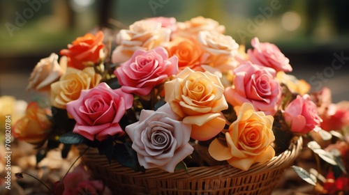 Vibrant Basket of Multicolored Roses  A Captivating Burst of Color Amidst a Lively Crowd