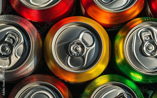 Close up of Colorful Assortment of Beverage Cans Close-Up.Top view