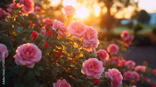 Enchanting Garden Symphony: Mesmerizing Pink Roses Dance in the Sunset's Warm Embrace - A Captivating Worm's Eye View with Back Lighting © ASoullife